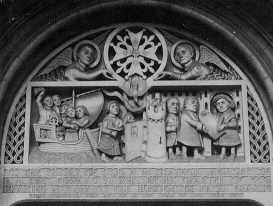 The Tympanum, French Church, Soho Square, London. Edward VI hands his Charter to the Refugees in 1550